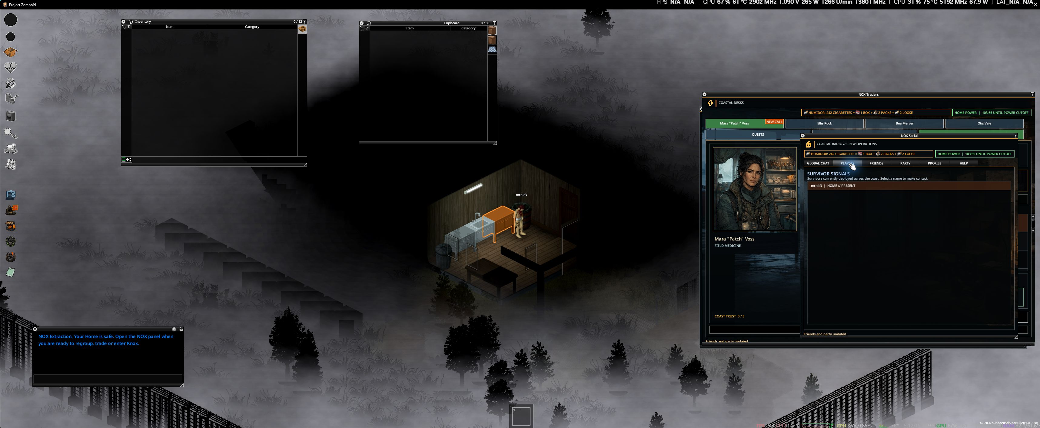 NOX Social menu showing online survivors and their Home or Raid location