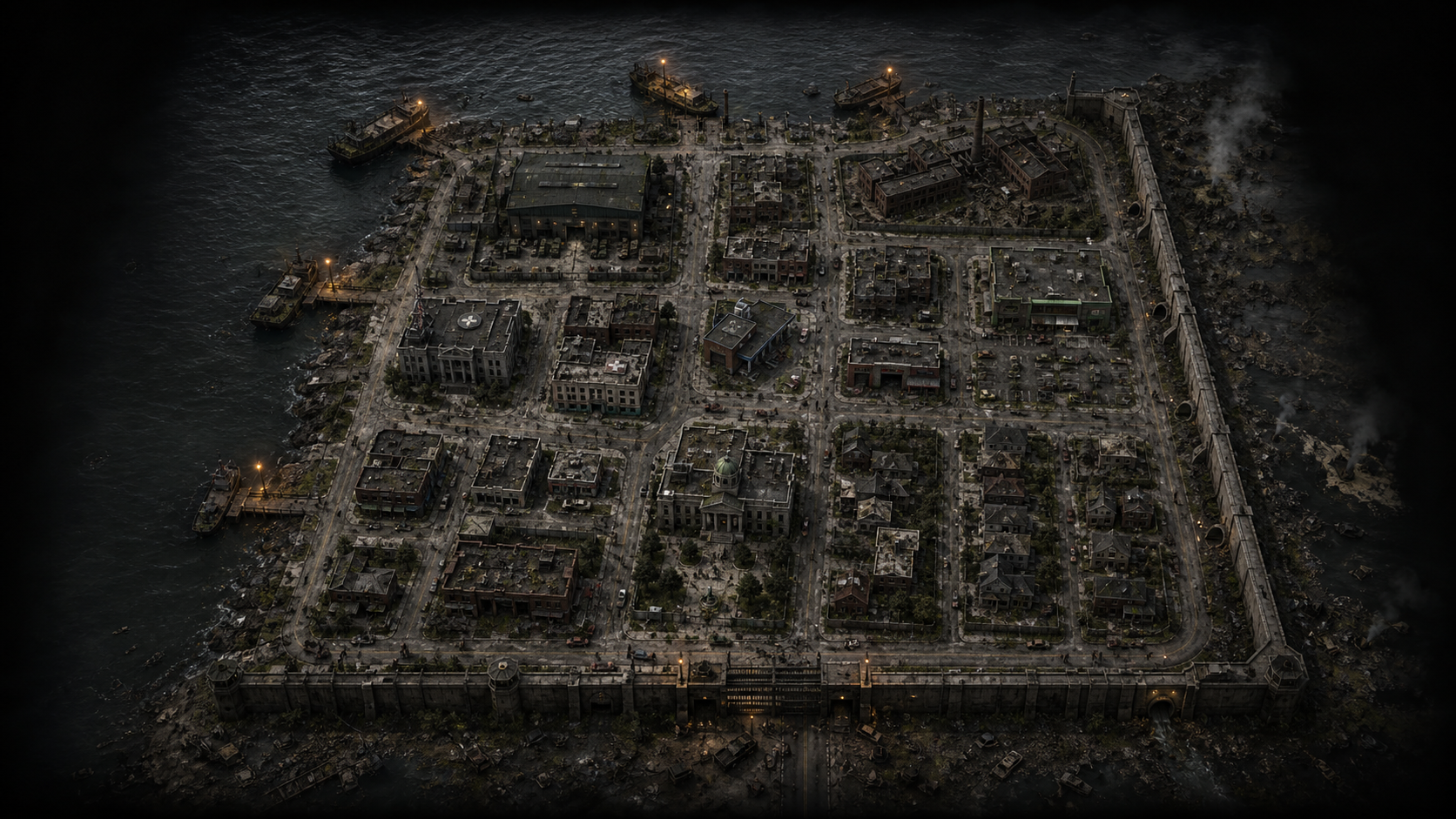 Map of the NOX Raid zone: one square kilometre, with rivers to the north and west and a quarantine wall to the east and south